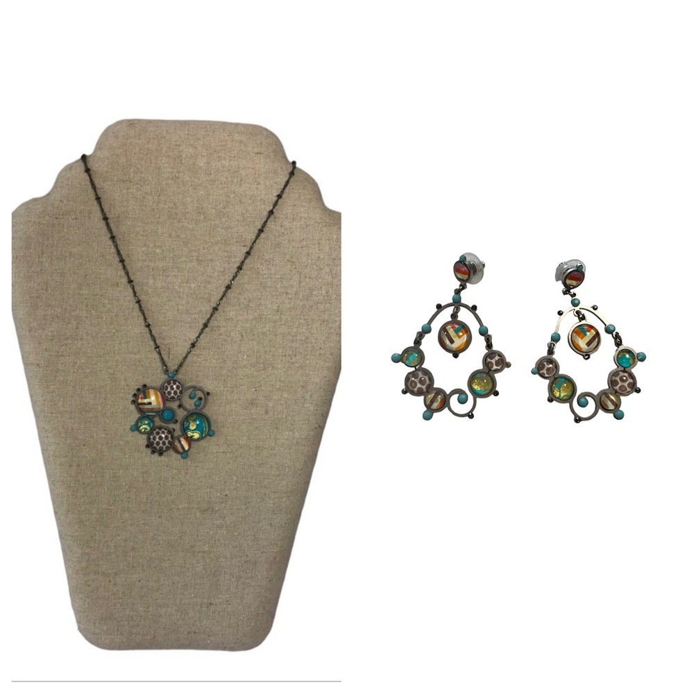 Vacation Beachy Cruise Wear Teal Blue Flower Necklace & Earrings by zoky doky - Picture 2 of 12
